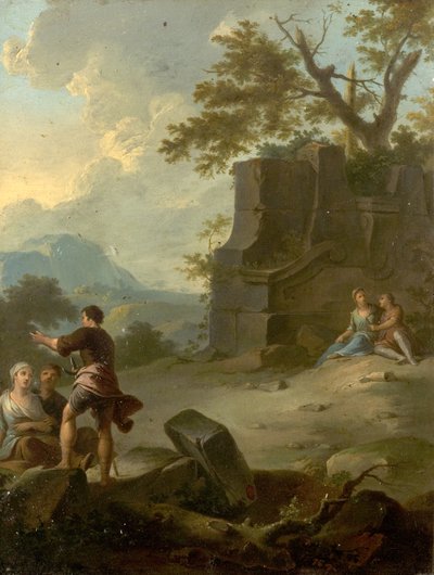 Landschap met figuren en ruïnes door Franz Ferg